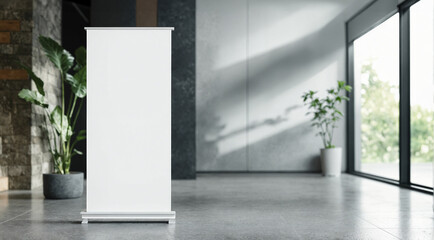white roll-up banner template standing in lobby next to windows. blank advertisement mockup in busin