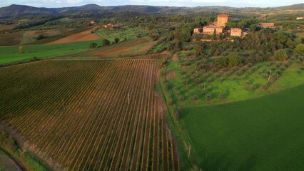 Canvas Print - Italy, romantic Tuscany scenery with typical cypresses road  .famous region Val d'Orcia. aerial drone video over sunset
