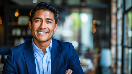 Professional Hispanic Job Candidate Man in Blue Suit Smiling