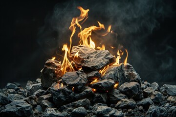 pile of stones on fire on a dark background