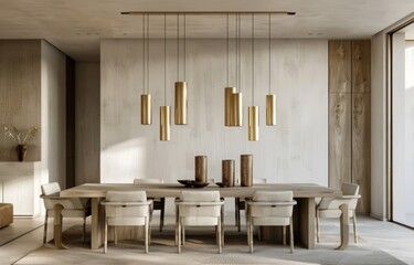 Wall Mural - Minimalist dining room with modern chairs and table, featuring neutral tones like beige or white walls and golden pendant lights hanging above the wooden table