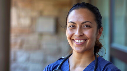 Poster - portrait of smiling nurse with hospital gown and stethoscope, blurred background 