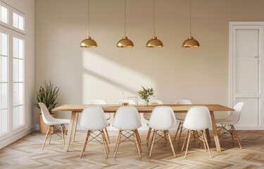 Wall Mural - Minimalist dining room with white chairs, a wooden table and golden pendant lights on the wall