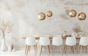 Wall Mural - Minimalist dining room with white chairs, a wooden table and golden pendant lights. The walls have a beige painted texture