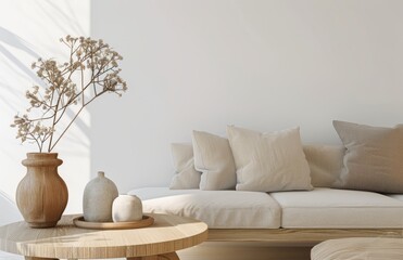 Wall Mural - A minimalist living room with a sofa, coffee table, and vases, featuring a beige color scheme, white walls, wooden round side tables, grey cushions, and ample natural light.