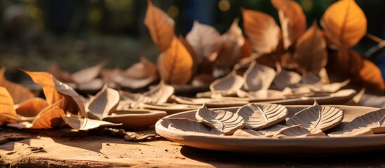 Poster - A wooden plate adorned with leaves rests on a hardwood table, creating a beautiful still life photography scene. This serveware adds a natural touch to any cuisine event