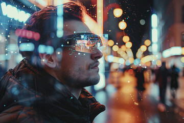 Poster - A man wearing a black jacket and glasses is looking at a screen