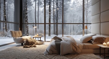 Wall Mural - Modern bedroom interior showcasing large windows that offer a view of a winter forest outside