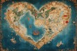 A heart-shaped map adorned with various ships sailing in different directions, A journey of love depicted through a heart-shaped map, AI Generated