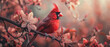 Red cardinal bird sits on a blossoming branch of an apple tree, with empty copy space