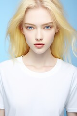 Wall Mural - Beautiful young woman with yellow hair wearing a white blank T-shirt on a blue background. Mockup