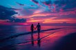 A man and a woman holding hands, walking along the beach at sunset with vibrant hues in the sky