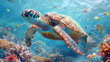 A majestic sea turtle gracefully swimming through the crystal clear waters of an exotic coral reef. Created with Ai