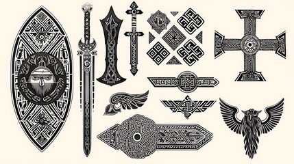 Viking design decorative celtic elements. Warrior vector graphics icons. Vikings warrior items in vector set DYI elements - Generative AI