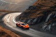 An orange sports car zooms down a winding mountain road amidst scenic surroundings, A luxurious sports car on a spiral uphill road, AI Generated