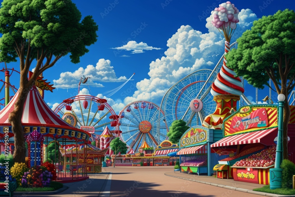 A Painting of a Carnival With Carnival Rides, A lively amusement park ...
