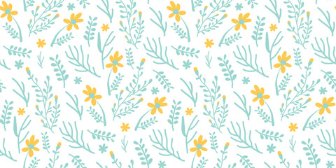 Wall Mural - Seamless repeat pattern with flowers and leaves in blue and yellow on white background. Hand drawn fabric, gift wrap, wall art design.