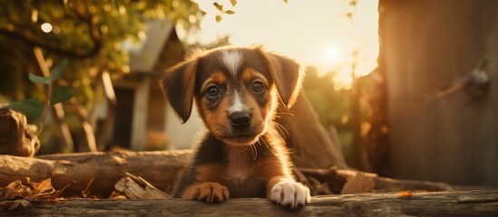 Wall Mural - A fawncolored puppy, a companion dog, is peeking over a wooden fence at the camera with its snout. The terrestrial animal looks bored