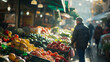 A man is shopping at a farmer's market in the early morning, the stalls are full of all kinds of fruit and vegetables