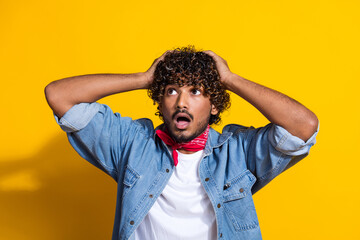 Sticker - Photo portrait of nice young male look shocked empty space dressed stylish denim outfit red scarf isolated on yellow color background