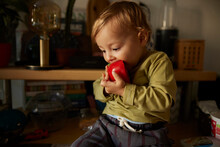 Portrait of a little boy bites red paprika
