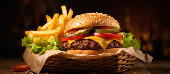 Wall Mural - A classic fast food dish of a hamburger and french fries served in a basket on a wooden table. The meal includes a bun, ingredients, and tableware