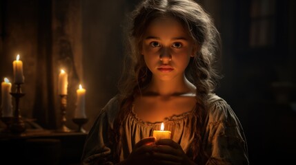 Sticker - A young girl in a dark room, holding a lit candle. There are multiple candles in the background.