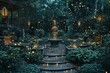 This photo captures a beautiful garden filled with an abundance of twinkling lights illuminating vibrant plants and foliage, A magical birthday garden studded with twinkling fireflies, AI Generated