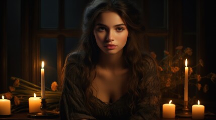 Canvas Print - A beautiful woman with long hair sits in front of a table with lit candles. She looks thoughtfully at the camera.