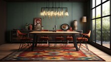 An AI-inspired Dining Room Rug With A Balanced Blend Of Wine Red And Olive Green,