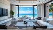 Large and luxurious interior of a fully furnished modern living room with panoramic sea and beach view