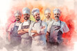 group of 5 friendly male chefs in professional clothes, inspired by a passion for cooking,look into camera and smile sweetly,the concept of restaurant business,culinary events,watercolor illustration