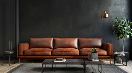 Wall Mural - Modern living room with leather sofa and coffee table against dark gray wall, in the style of industrial interior design concept