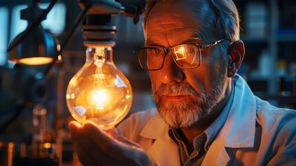 Poster - Science: A scientist in a lab coat examines a glowing lightbulb