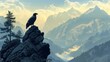 A large eagle is perched on a rocky mountain peak. The scene is serene and peaceful, with the eagle looking out over the vast expanse of mountains. Concept of awe and wonder at the beauty of nature