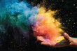 A magical explosion of rainbow-colored powder from a cupped hand, creating a vibrant dust cloud in the colors of the spectrum against a black backdrop