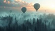 Three hot air balloons are flying over a forest with foggy trees. The sky is cloudy and the sun is setting