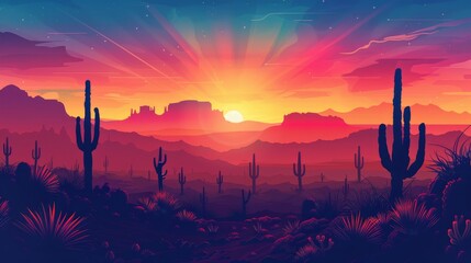 A desert landscape with a sunset in the background. The sun is setting behind a mountain range. The sky is filled with a variety of colors, including red, orange, and purple