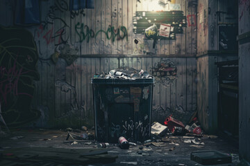 Wall Mural - A trash can is full of garbage and is surrounded by graffiti