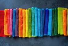 Colorful Array Of Microfiber Cloths Lined Up On A Grey Surface. Spring Cleaning Concept.