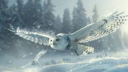 Wall Mural - A white owl is flying through the snow, with the snowflakes falling around it. Concept of freedom and grace, as the owl soars through the winter landscape