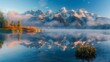 A mountain range is reflected in the water of a lake. The sky is clear and the sun is shining