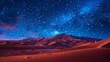 A desert landscape with a starry sky and a mountain in the background. The sky is filled with stars and the mountains are in the distance. The scene is peaceful and serene