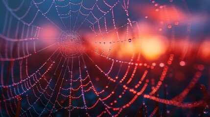 A spider web with raindrops on it. The web is red and blue