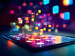 Mobile or tablet with abstract squares bokeh background. Smartphone background in business, digital, technology with connecting.