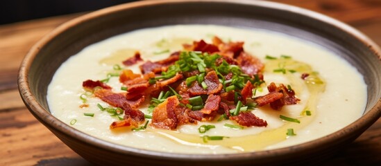 Wall Mural - A dish of soup made with bacon and chives, served in a bowl on a rustic wooden table. The perfect blend of ingredients for a cozy meal