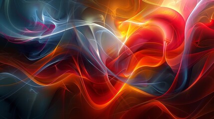 Poster - A colorful abstract painting with red, blue, and yellow swirls. The painting has a dreamy, ethereal quality to it, with the colors blending