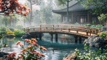 A Bridge Spans A River In Front Of A House With A Garden. The Bridge Is Wooden And The Water Is Calm. The Garden Is Full Of Flowers And Plants, Creating A Peaceful And Serene Atmosphere