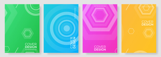 Aufkleber - Abstract geometric style posters collection. Green, blue, pink, yellow memphis vertical background vector set. Cover design template for social media poster, flyer, banner, brochure, notebook, report.