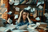 Fototapeta Kuchnia - Woman in the office appears desperate, holding their head while piles of documents clutter the desk, with papers flying around the room. The concept depicts overload and excessive work.